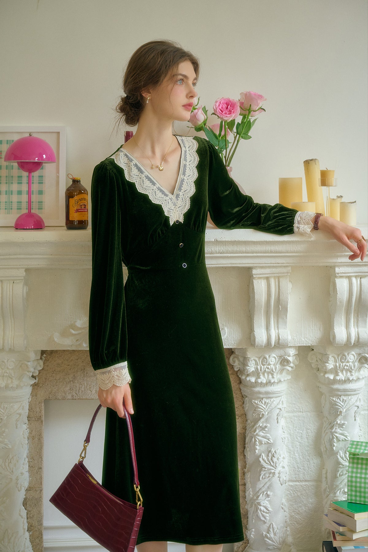 Kristen Elegant V-Neck Contrasting Lace Velvet Dress