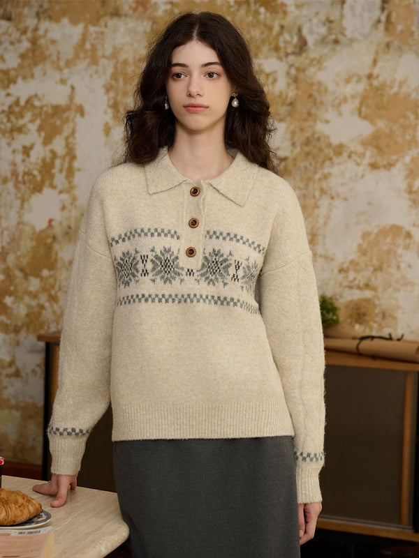 Norah Snowflake Jacquard Polo Fair Isle Knit Sweater-Grey