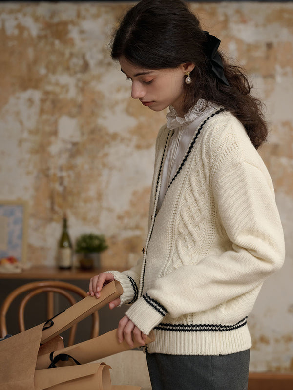 【Final Sale】Paisley Contrast Trim Drop Shoulder Cable Knit Cardigan