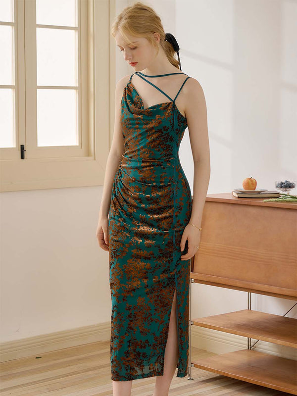【Final Sale】Iris Allover Print Draped Collar Split Cami Dress