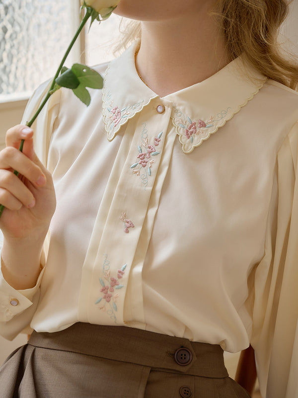 Julie Embroidered Vintage Blouse (Cream x Berry Embroidery)