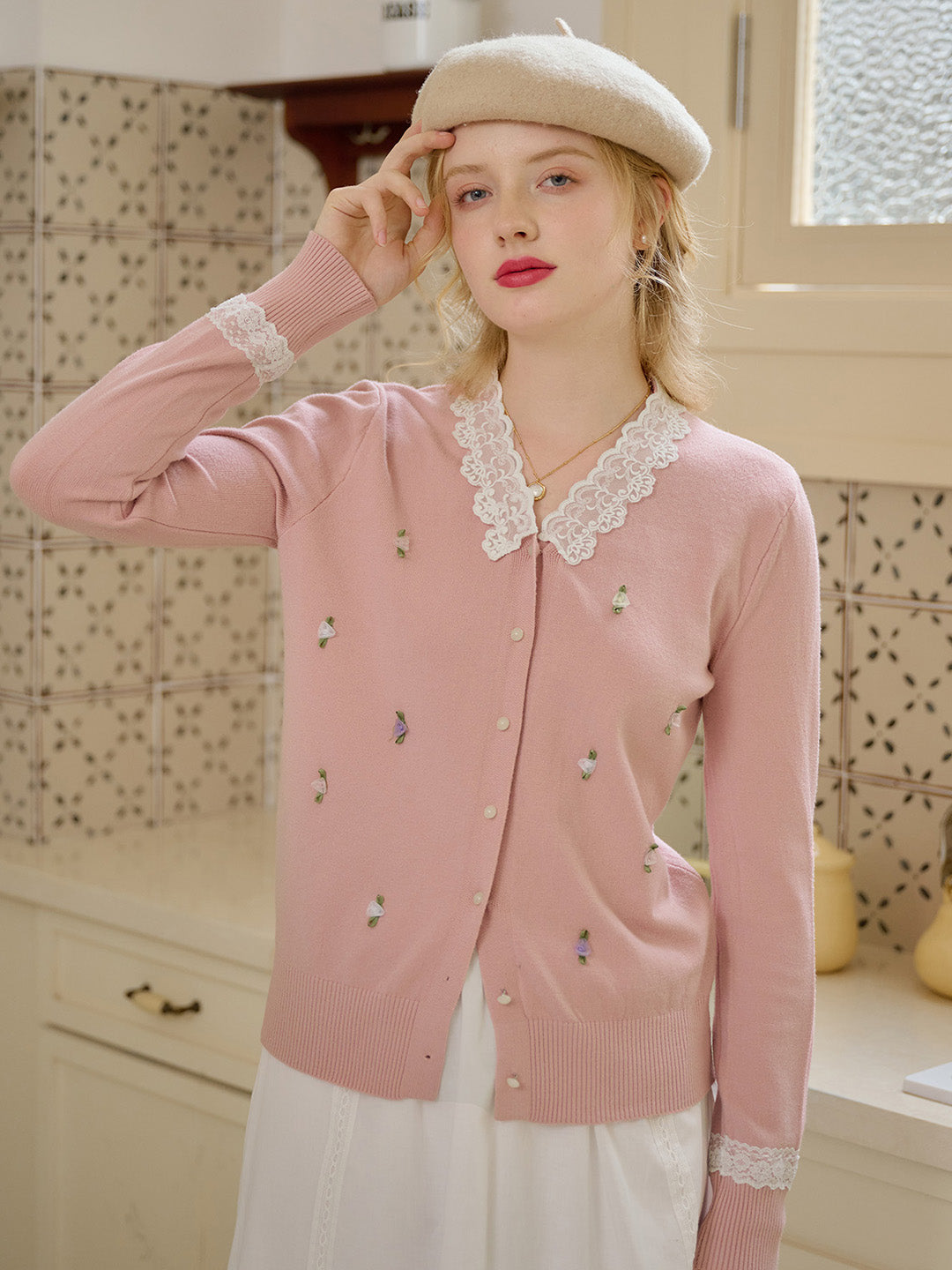 【Final Sale】Priscilla Lace Collar Embroidery Cardigan