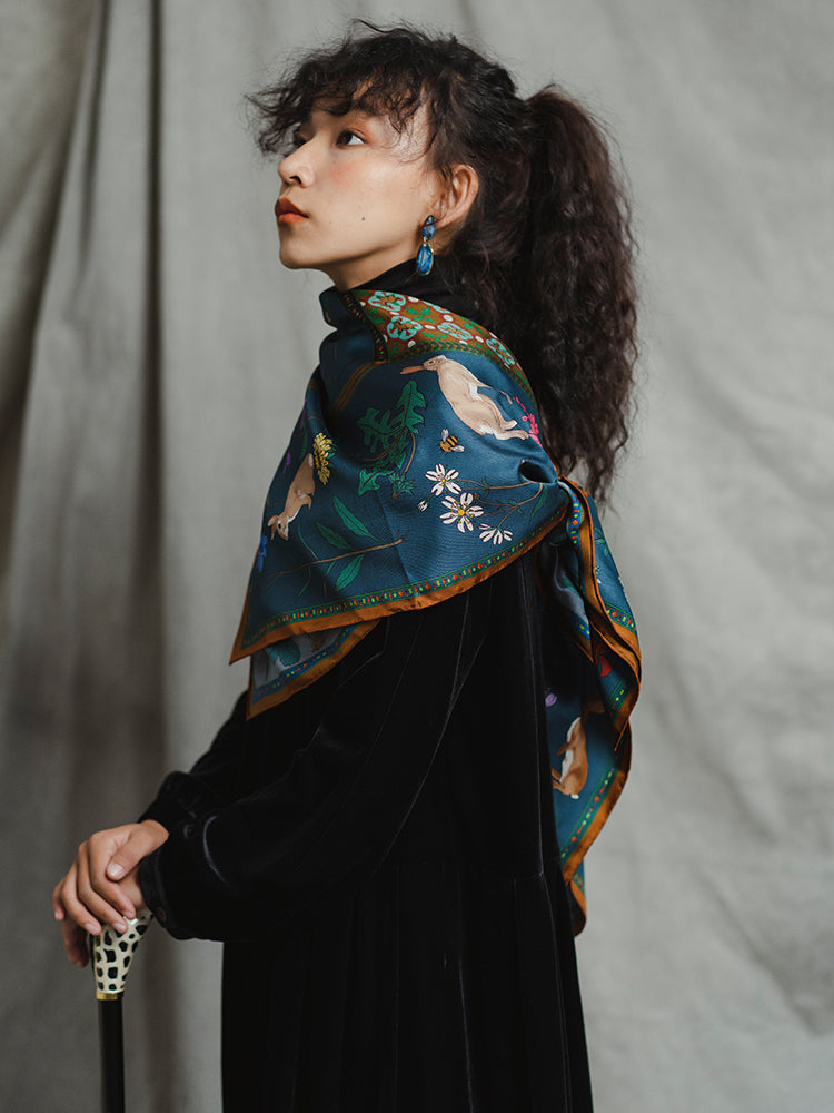 Chowxiaodou 16 Momme Large Square Slik Twill Scarf 106*106-Vintage Blue