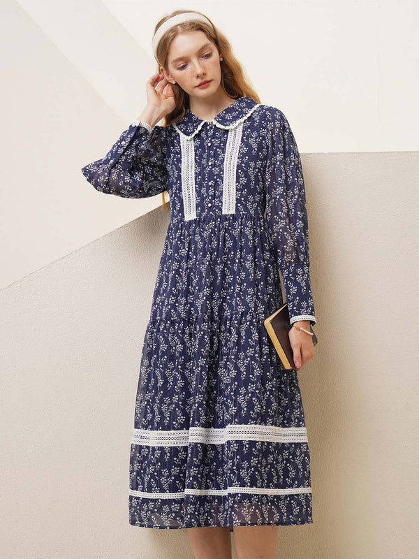 【Holiday Sale】Bexley Floral Print Peter Pan Collar Lace Panel Dress