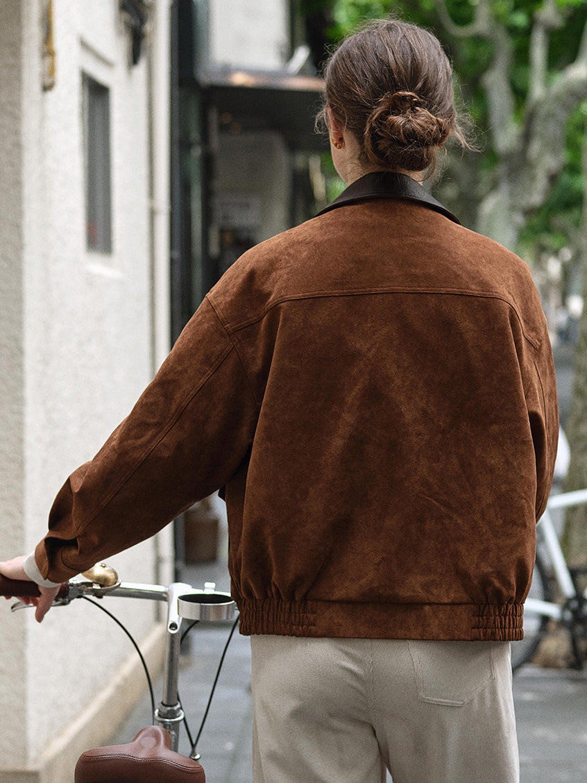Lou Contrast-Collar Faux-Suede Zip Barn Jacket