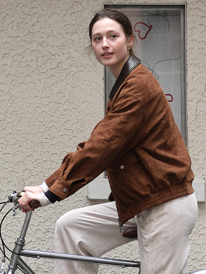 Lou Contrast-Collar Faux-Suede Zip Barn Jacket