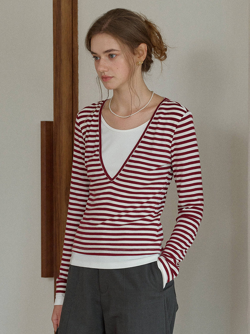 Amyra All-Purpose Cozy V-Neck Striped Layered Top