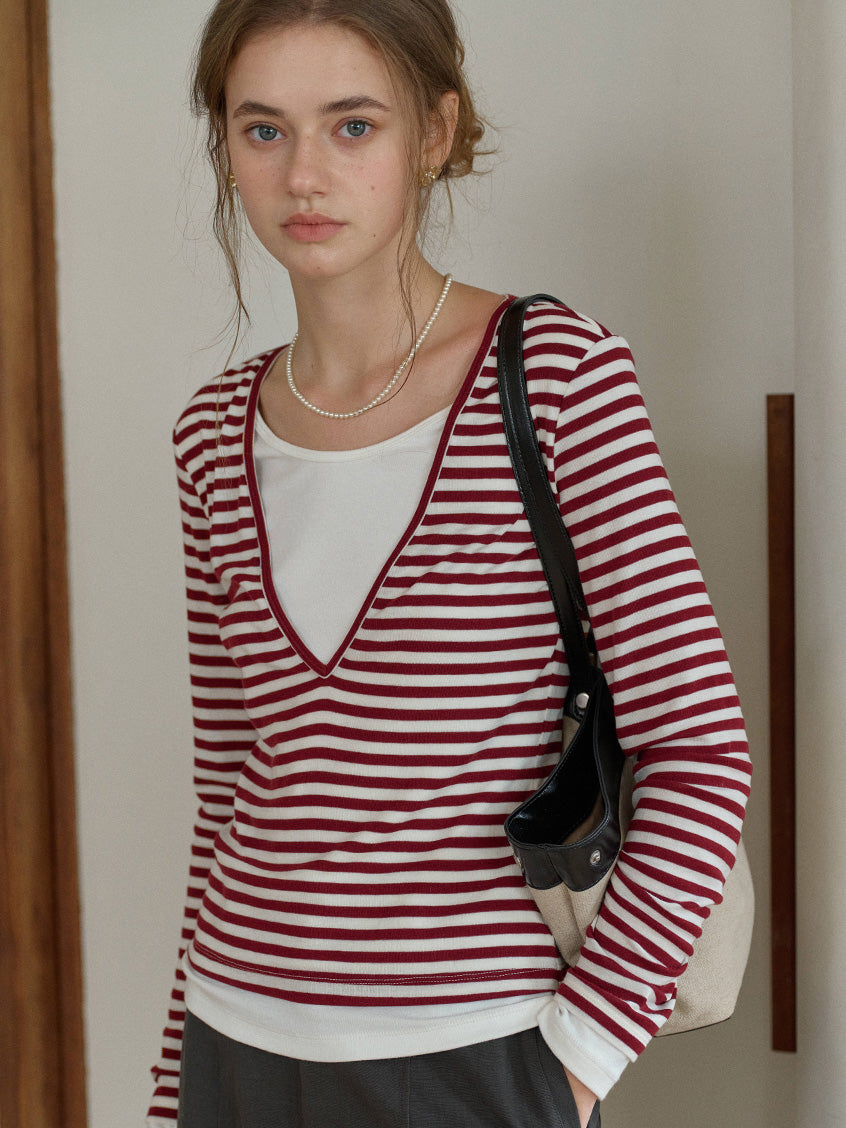 Amyra All-Purpose Cozy V-Neck Striped Layered Top