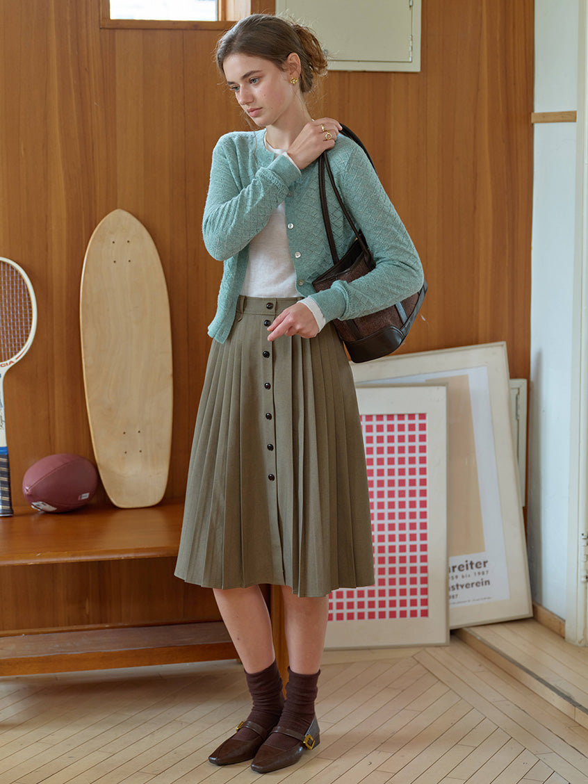 Clare High-Waist Button-Front Pleated A-Line Midi Skirt