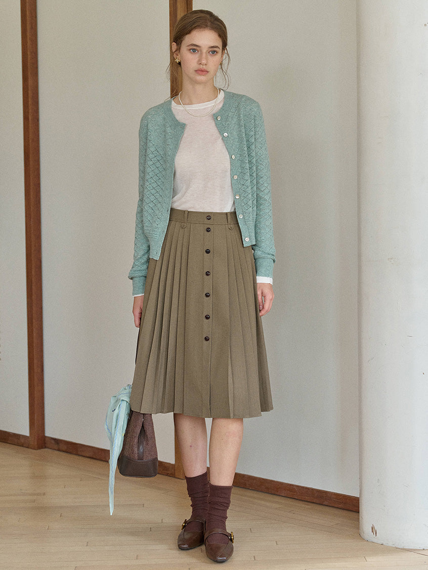 Clare High-Waist Button-Front Pleated A-Line Midi Skirt