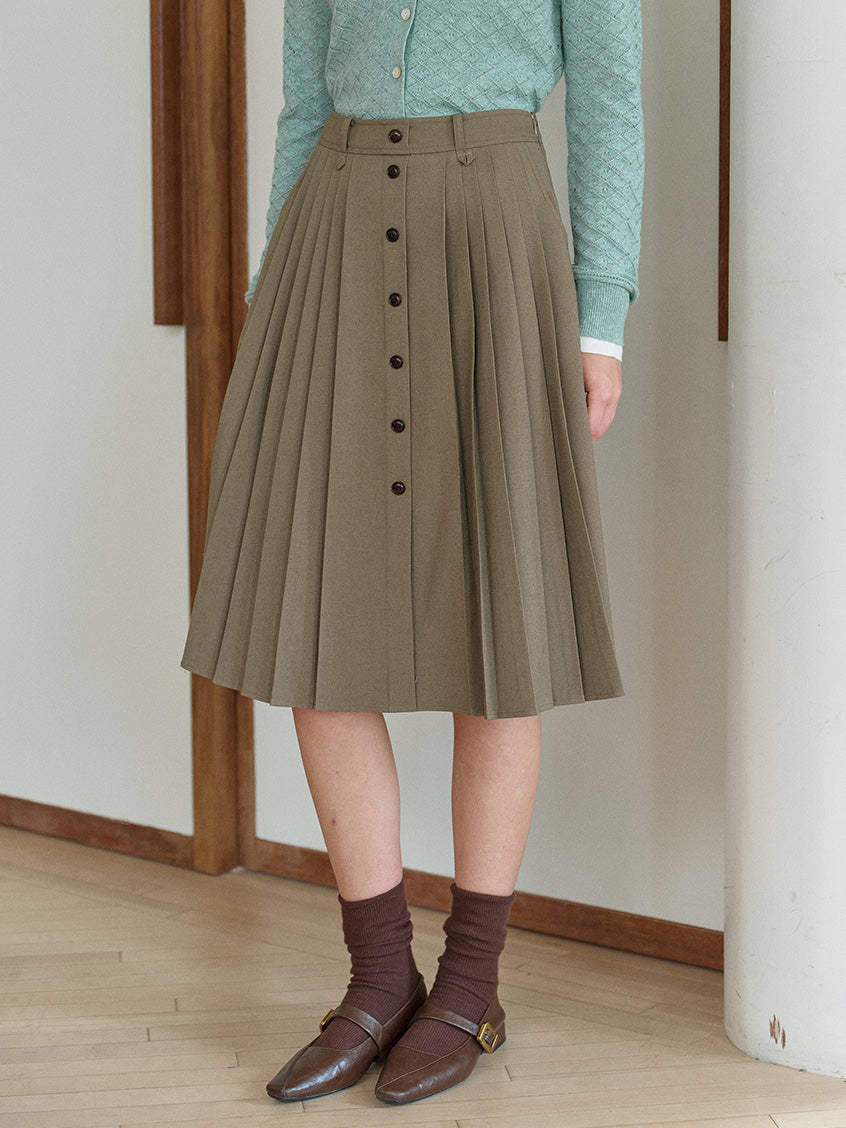 Clare High-Waist Button-Front Pleated A-Line Midi Skirt