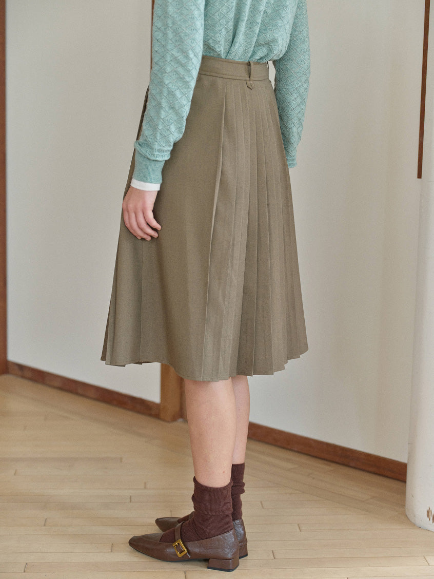 Clare High-Waist Button-Front Pleated A-Line Midi Skirt