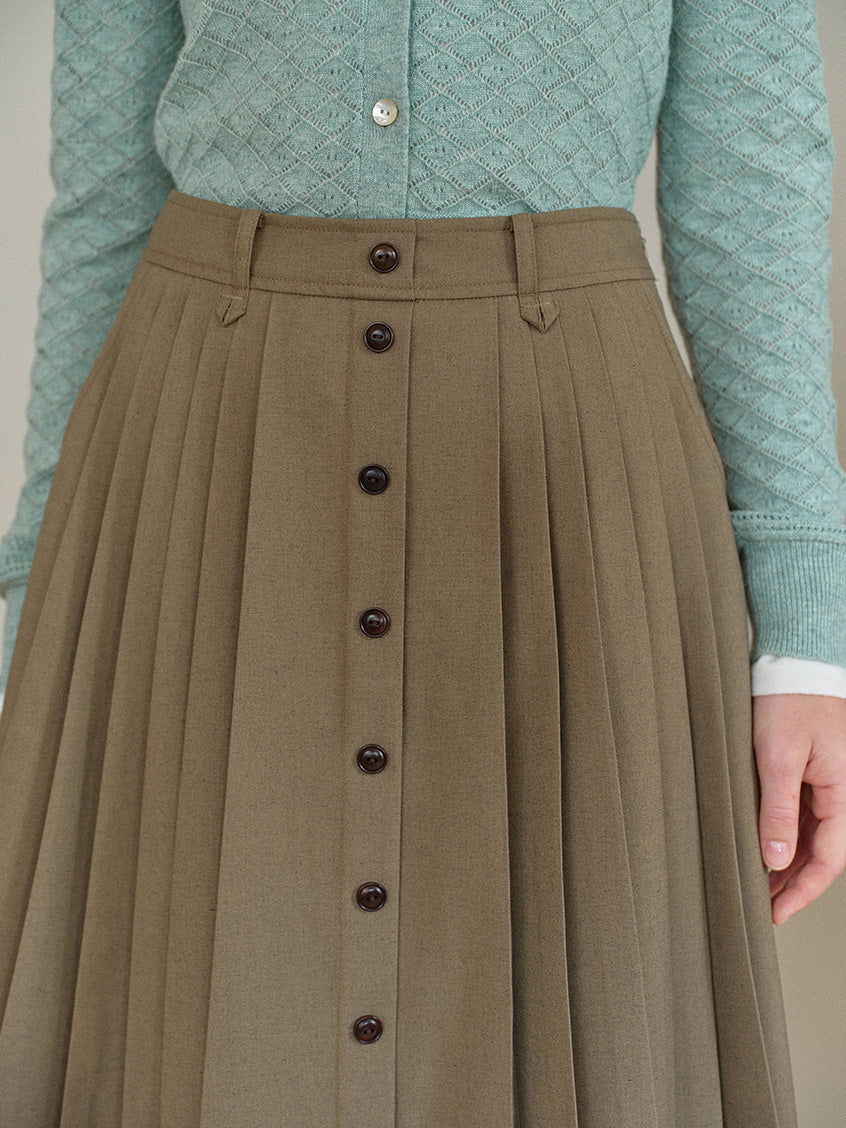 Clare High-Waist Button-Front Pleated A-Line Midi Skirt