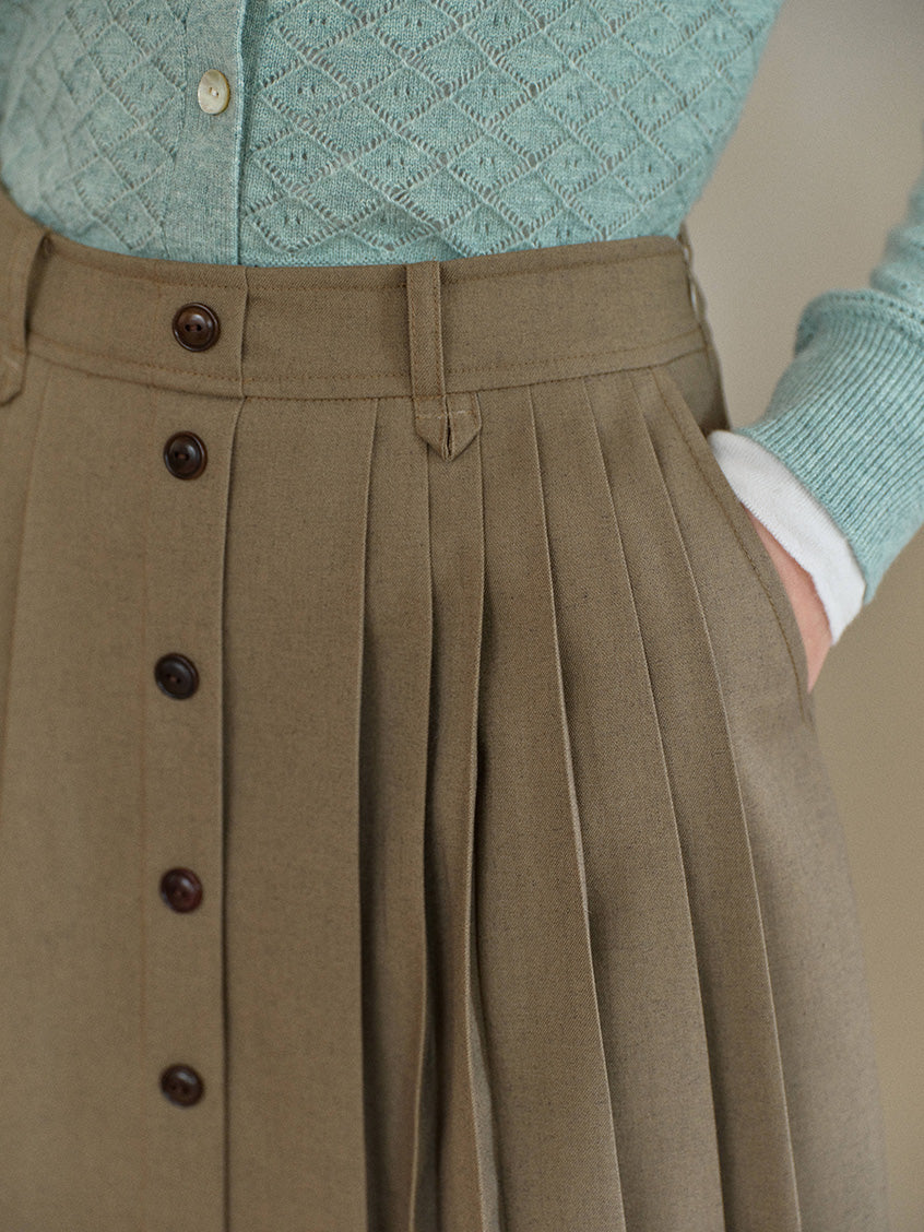 Clare High-Waist Button-Front Pleated A-Line Midi Skirt