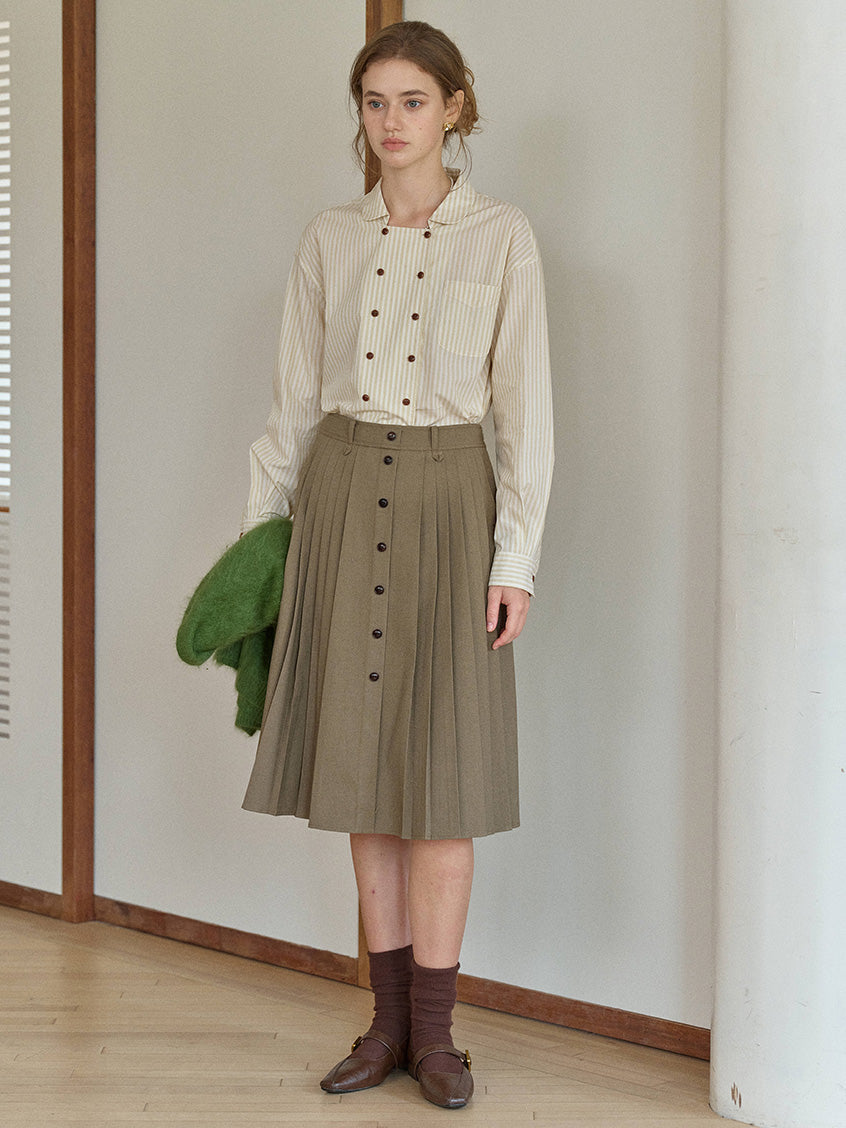 Clare High-Waist Button-Front Pleated A-Line Midi Skirt