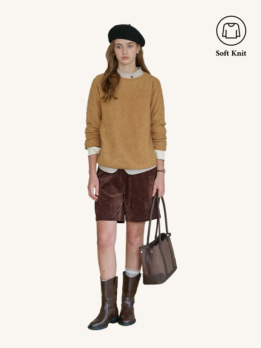 2Pcs Set Tru Cloud-Soft Wool Round Neck Sweater Tangerine Yellow & Saanvi Classic All-Purpose Button Shorts