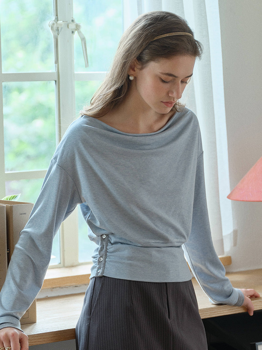 Indigo Cowl Neck Draped Flattering Top