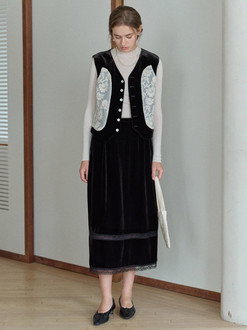 Kairi Back Belted Lace Embroidered Velvet Vest