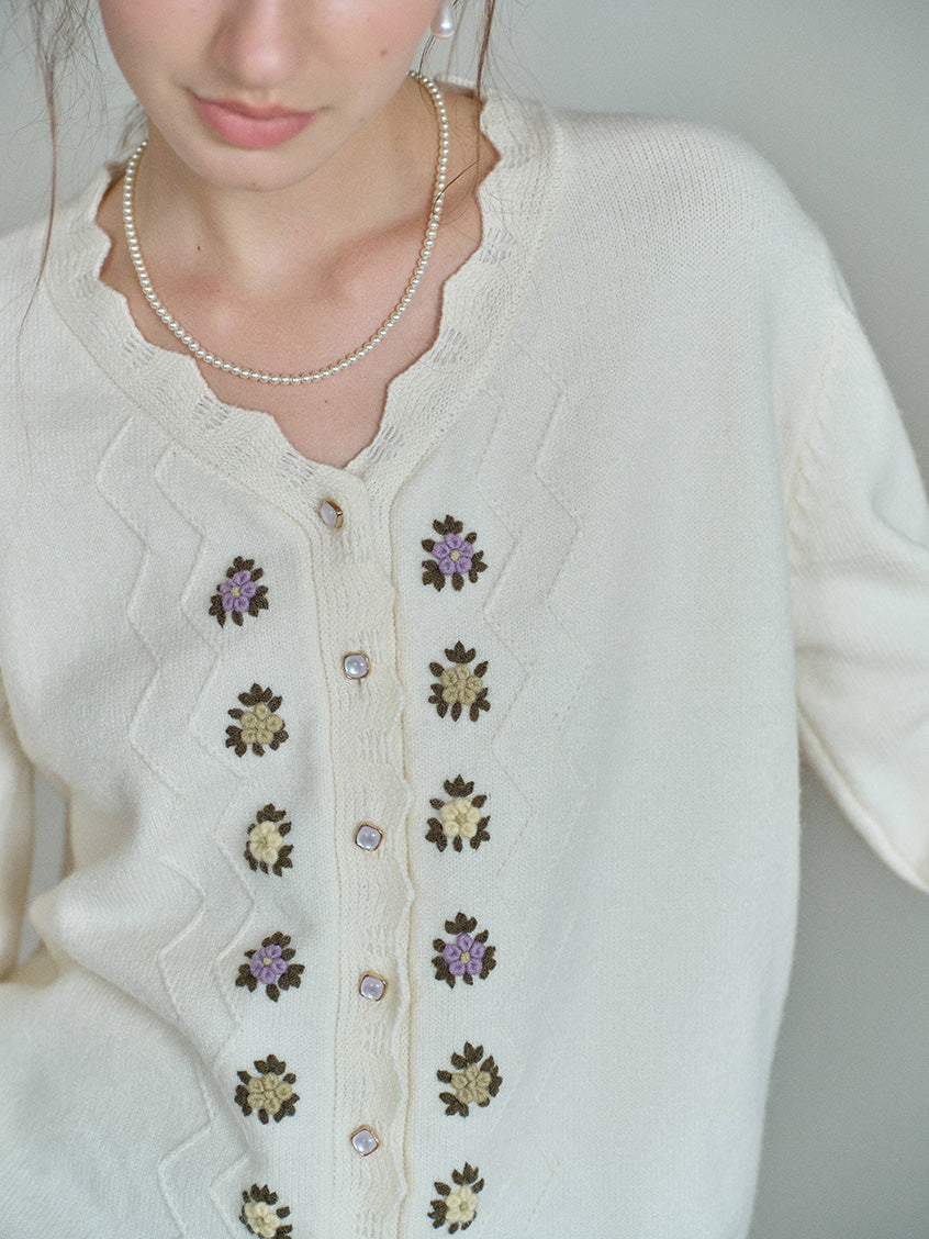 Aadhya French V-Neck Floral Knit Cardigan