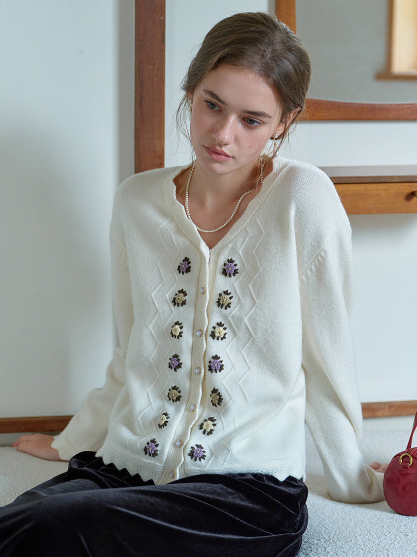 Aadhya French V-Neck Floral Knit Cardigan