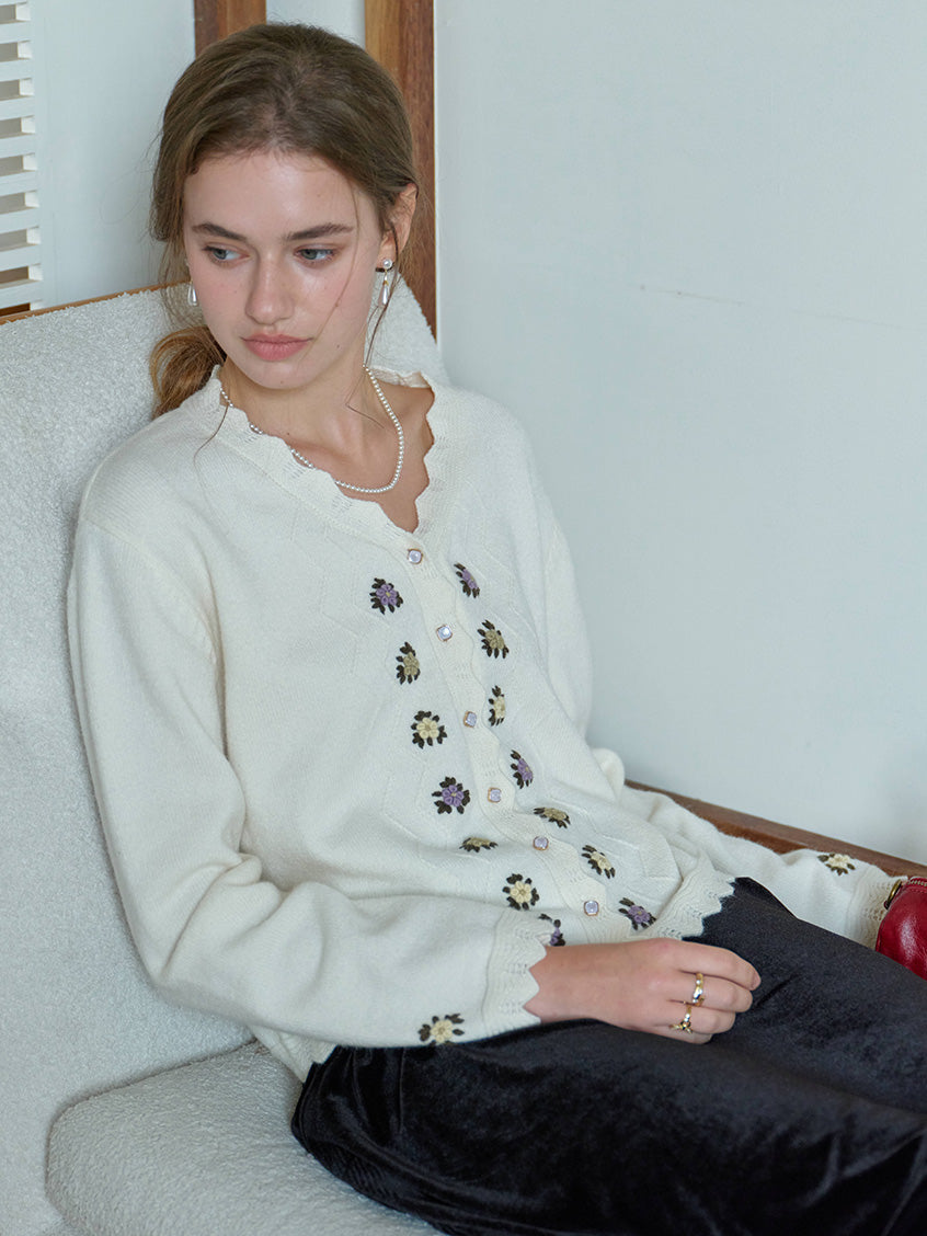 Aadhya French V-Neck Floral Knit Cardigan