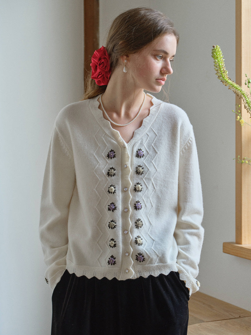 Aadhya French V-Neck Floral Knit Cardigan