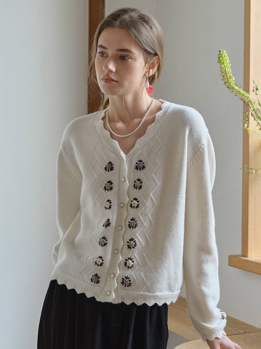 Aadhya French V-Neck Floral Knit Cardigan