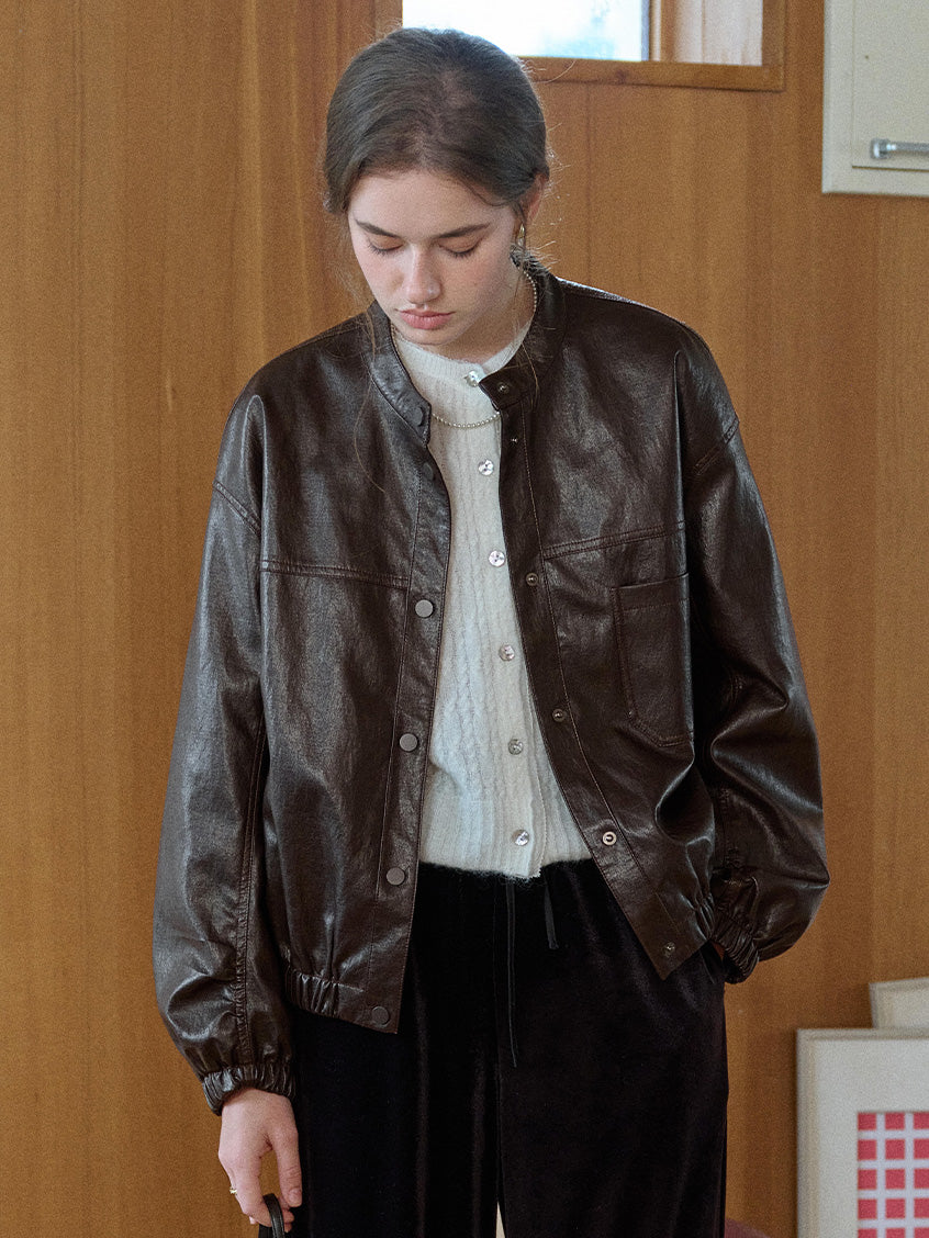 Whitney Faux Leather Stand Collar Bomber Jacket