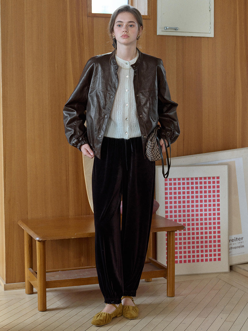 Whitney Faux Leather Stand Collar Bomber Jacket