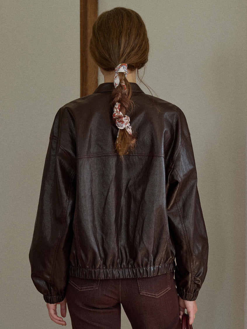 Whitney Faux Leather Stand Collar Bomber Jacket
