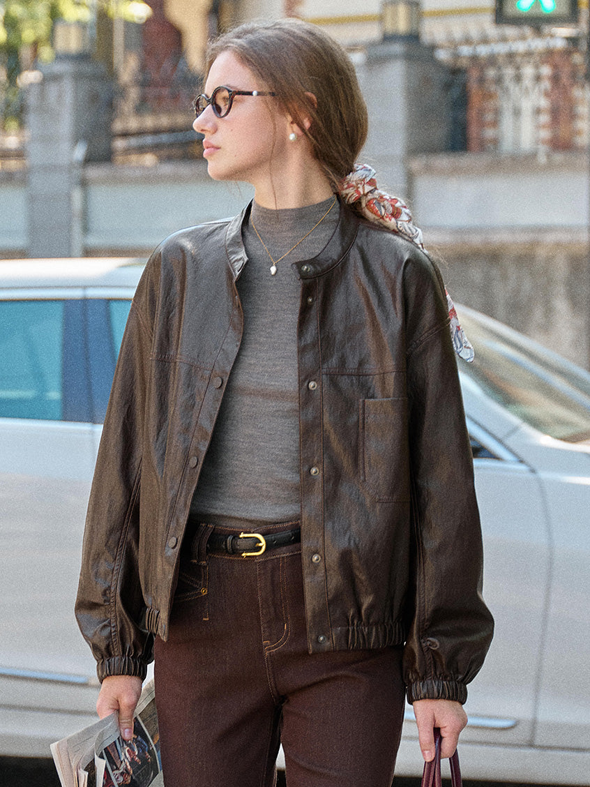 Whitney Faux Leather Stand Collar Bomber Jacket