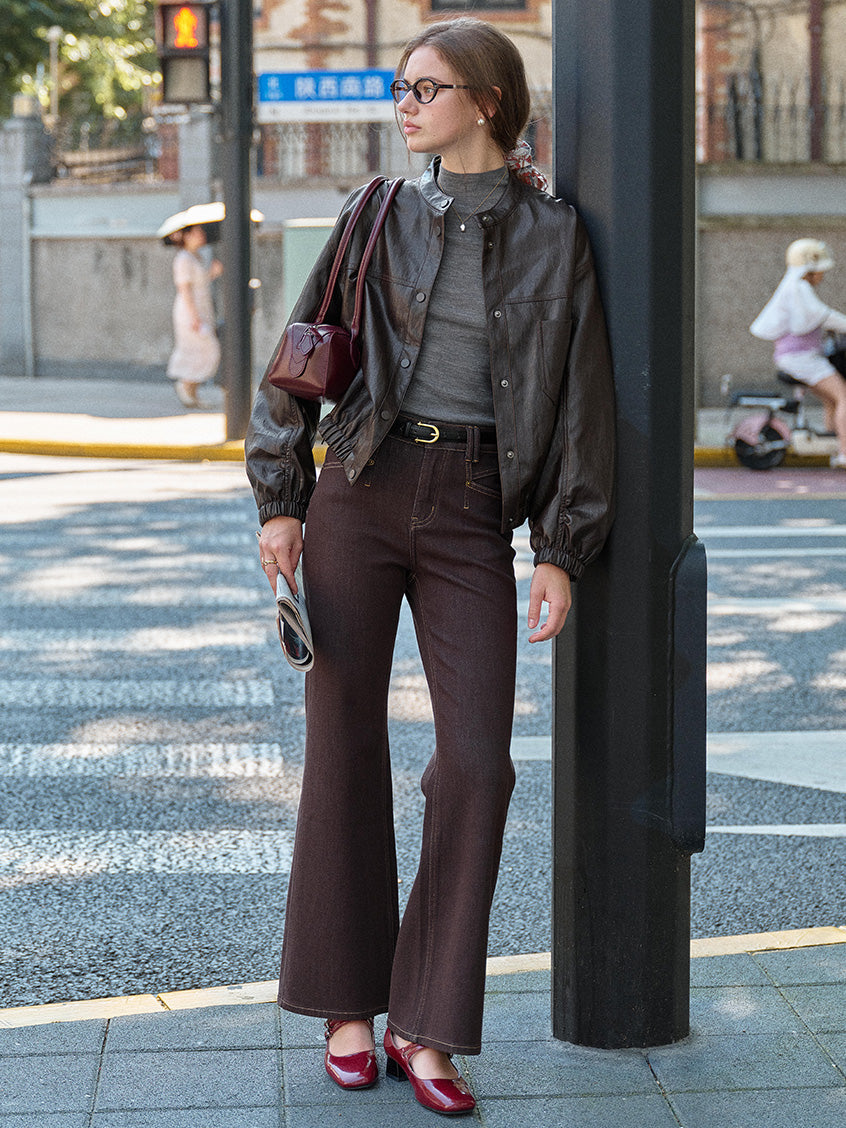 Whitney Faux Leather Stand Collar Bomber Jacket