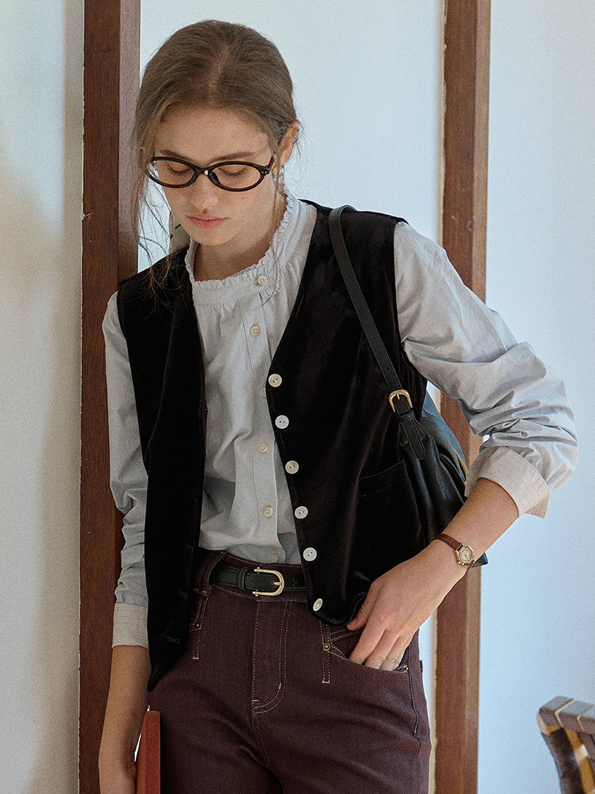Kairi Back Belted Lace Embroidered Velvet Vest