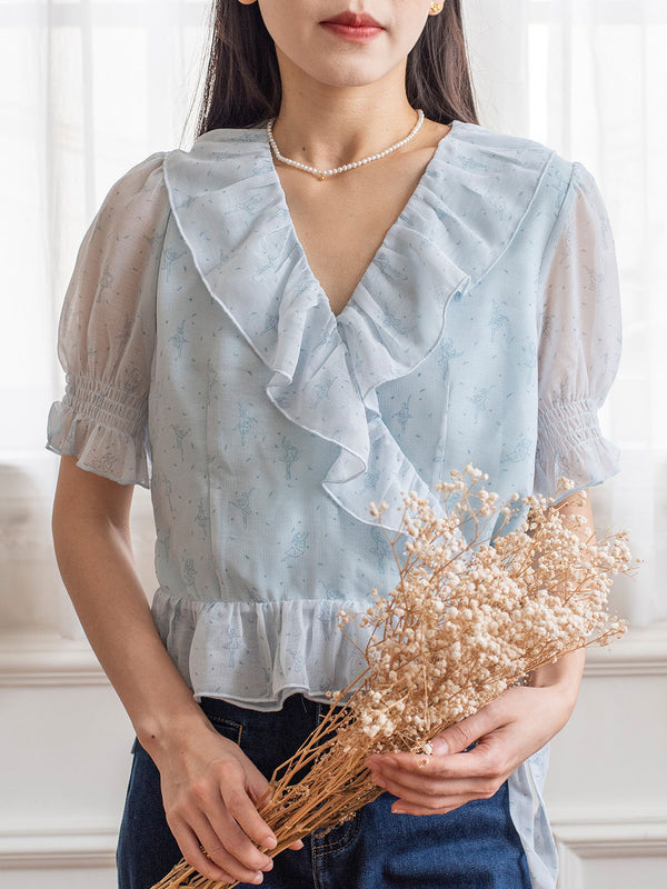 【Holiday Sale】Sapphire Original Ballet Girl Print V Neck Puff Sleeve Blouse