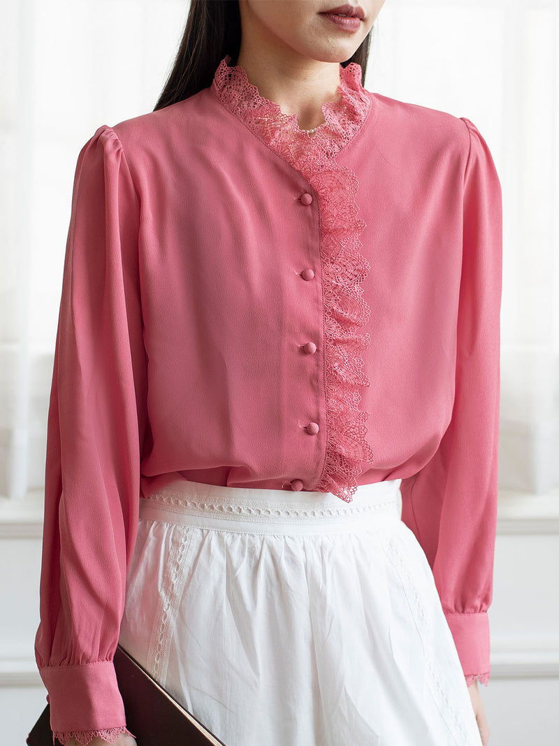 Blue Pink Lace Hooded Blouse