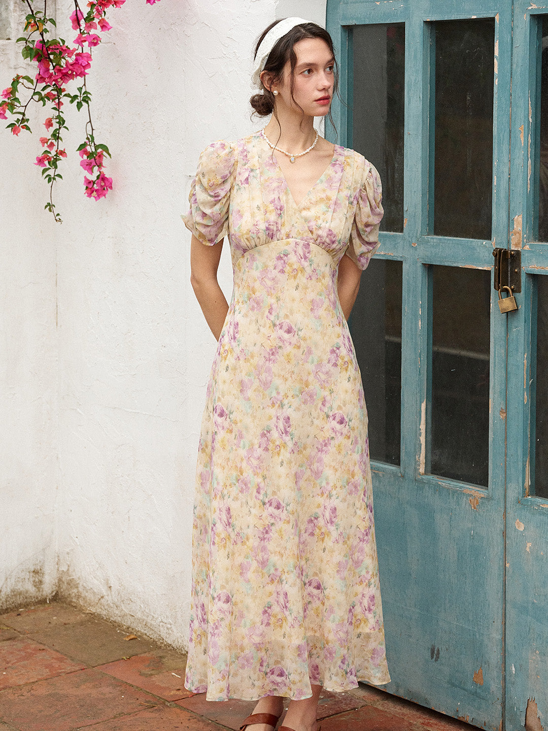 Natasha V-Neck Floral Ruched Sleeve Dress