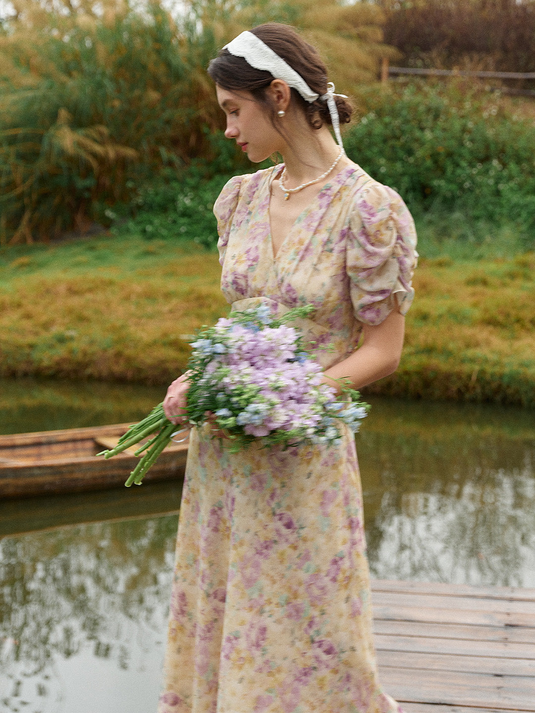 Natasha V-Neck Floral Ruched Sleeve Dress