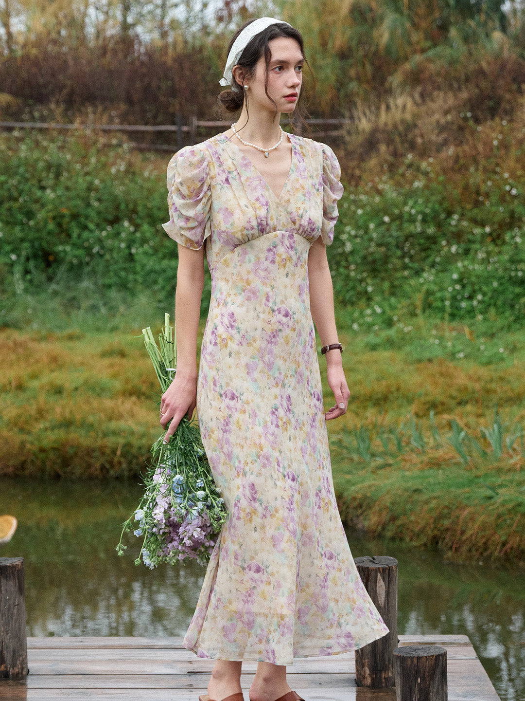 Natasha V-Neck Floral Ruched Sleeve Dress