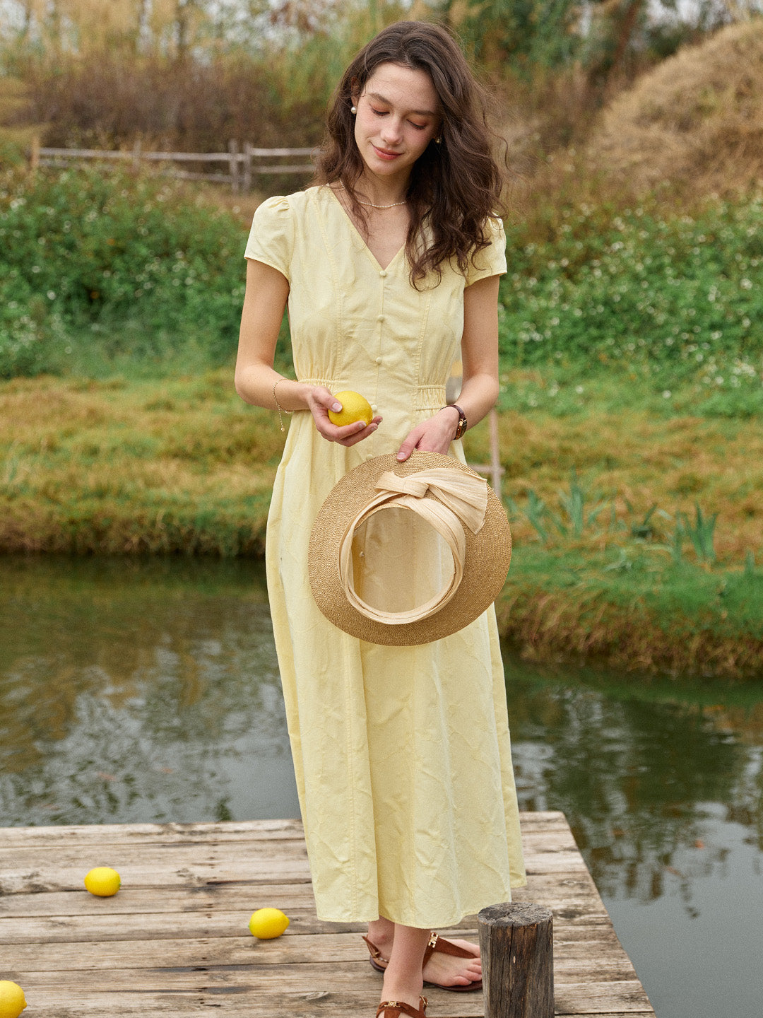 Quincy V-Neck Button-Up Cotton Midi Dress