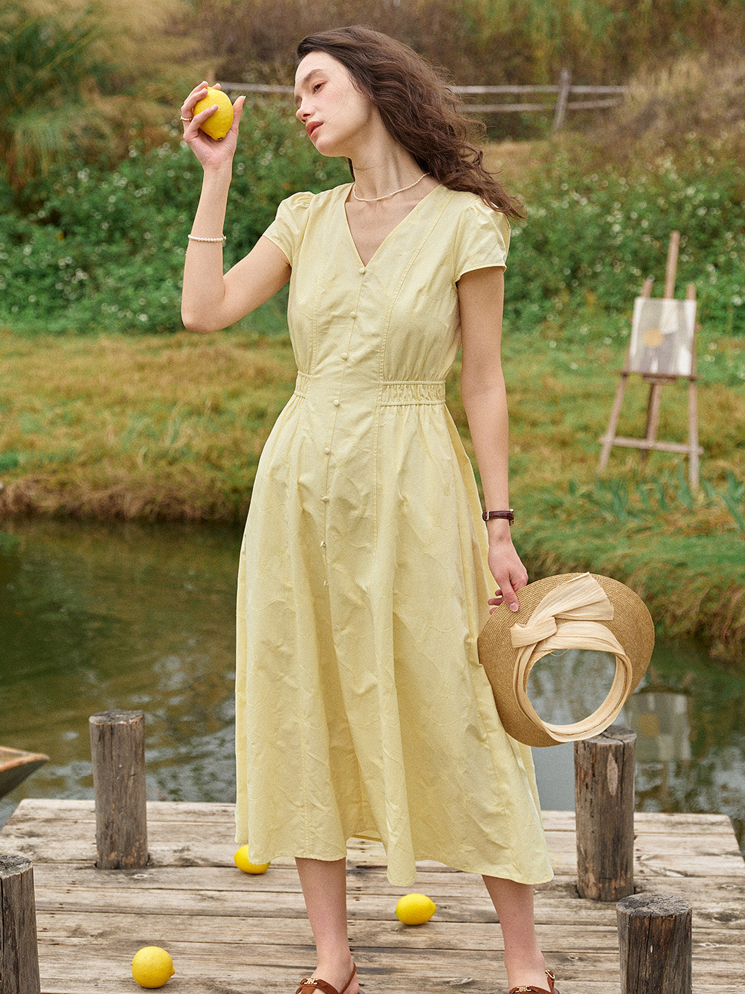 Quincy V-Neck Button-Up Cotton Midi Dress