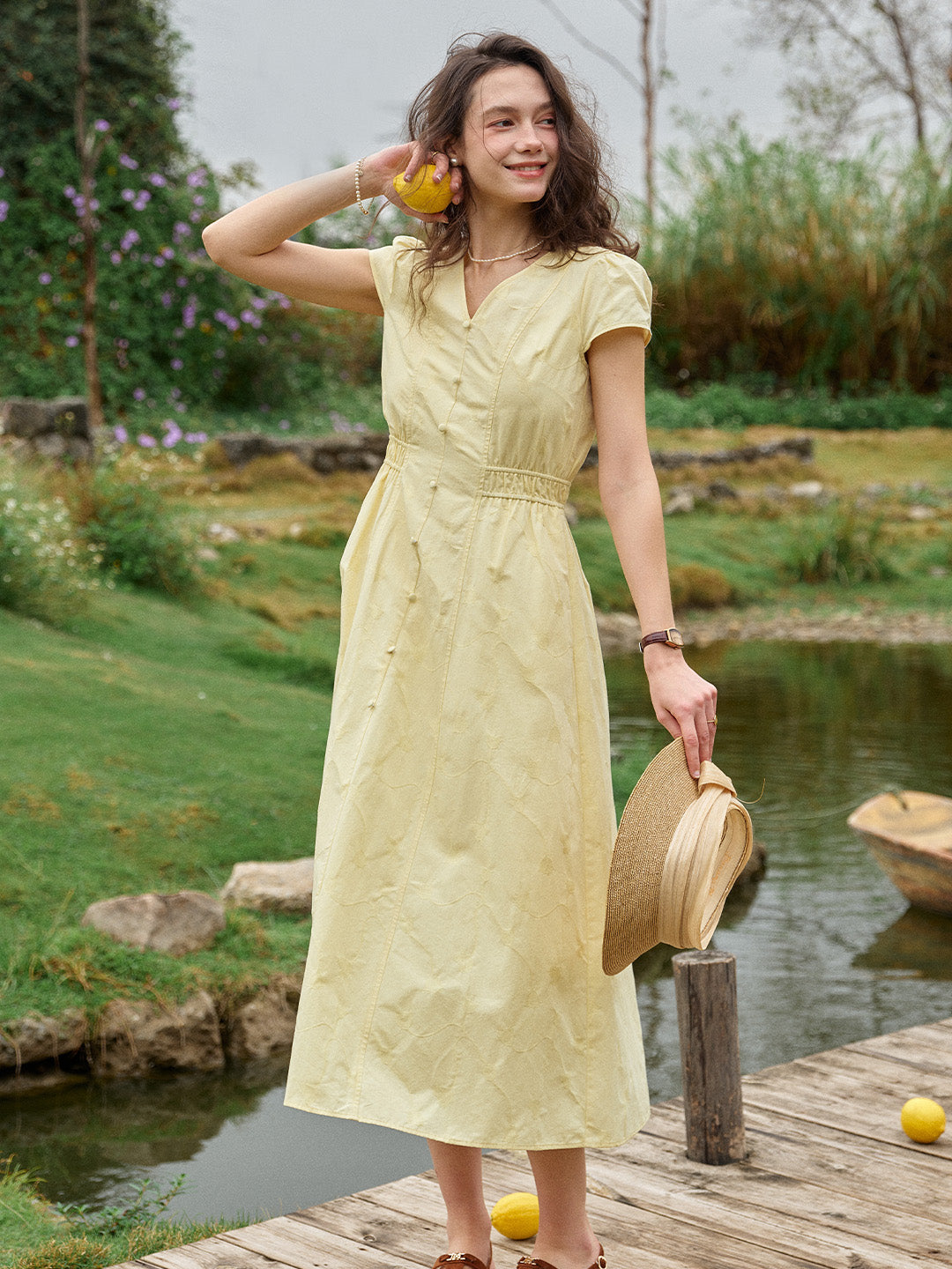 Quincy V-Neck Button-Up Cotton Midi Dress