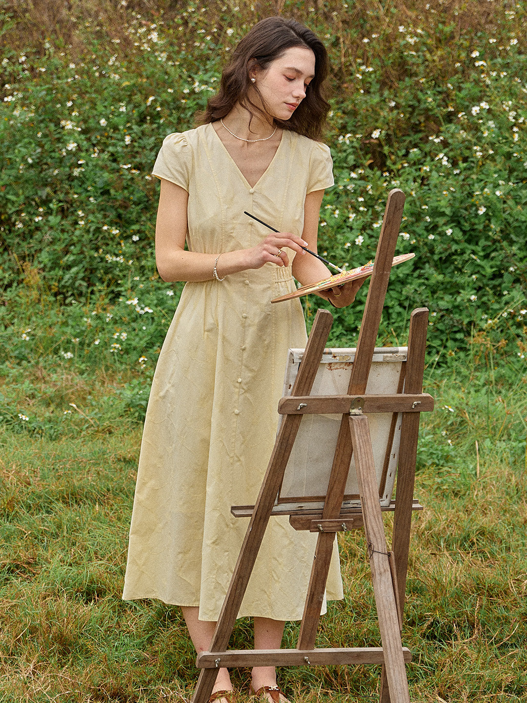 Quincy V-Neck Button-Up Cotton Midi Dress