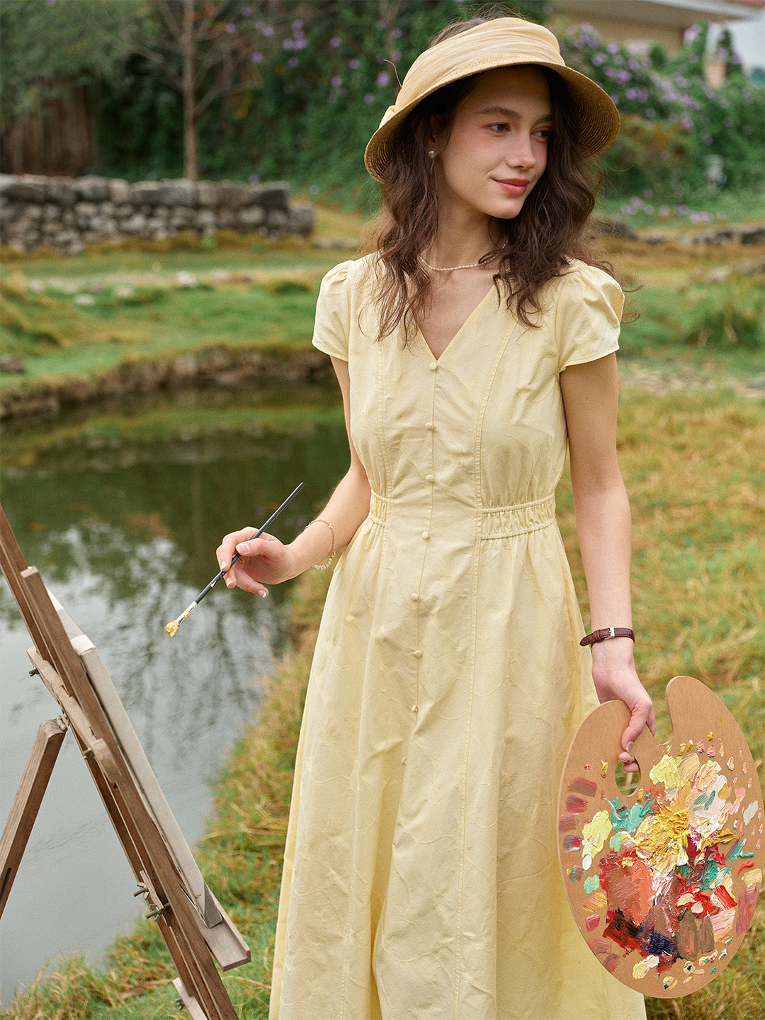 Quincy V-Neck Button-Up Cotton Midi Dress