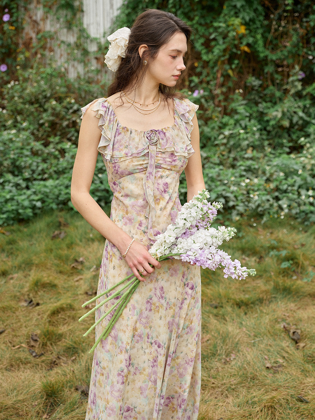 Araya Rosette Ruffle Floral Dress