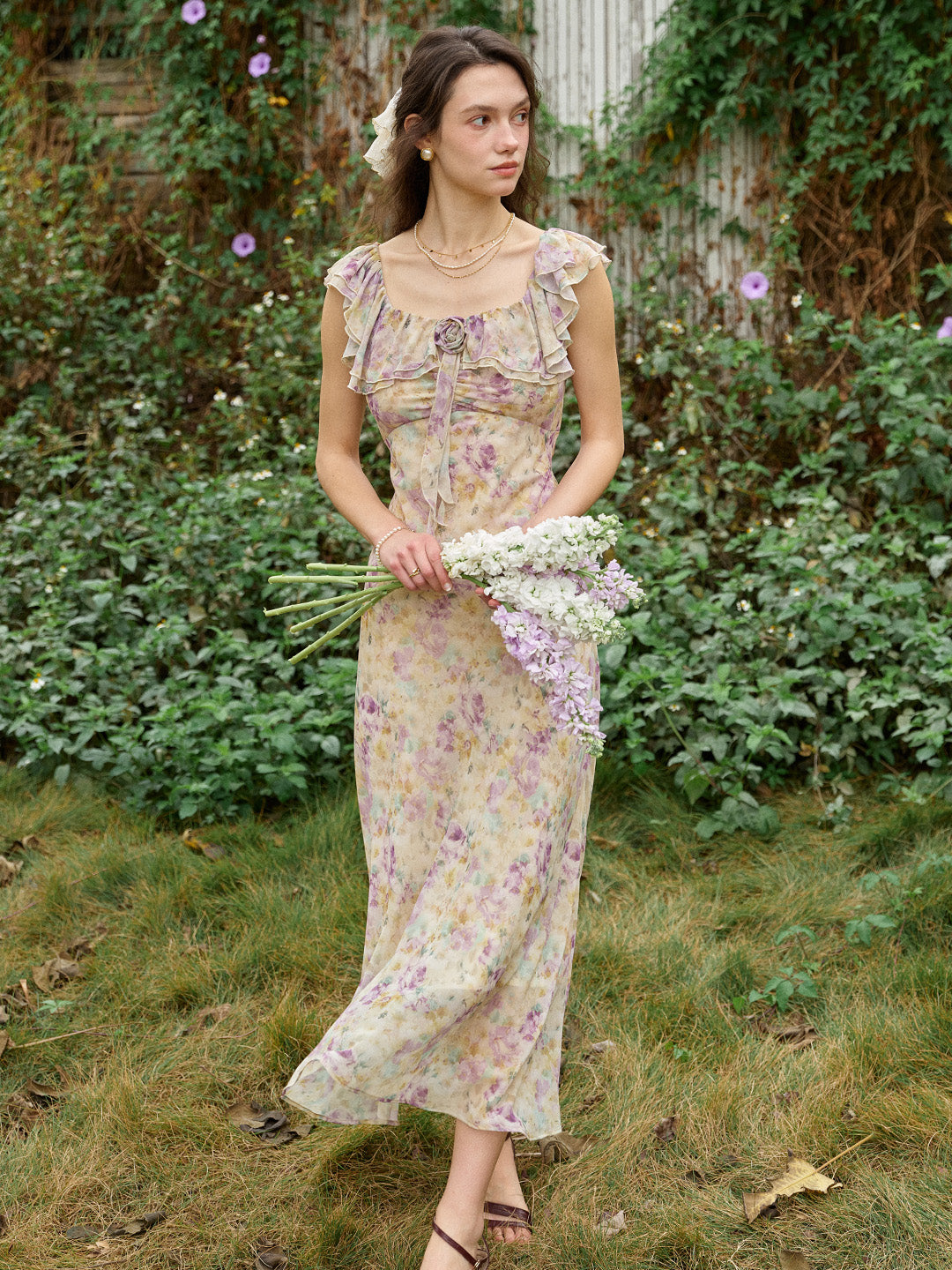 Araya Rosette Ruffle Floral Dress