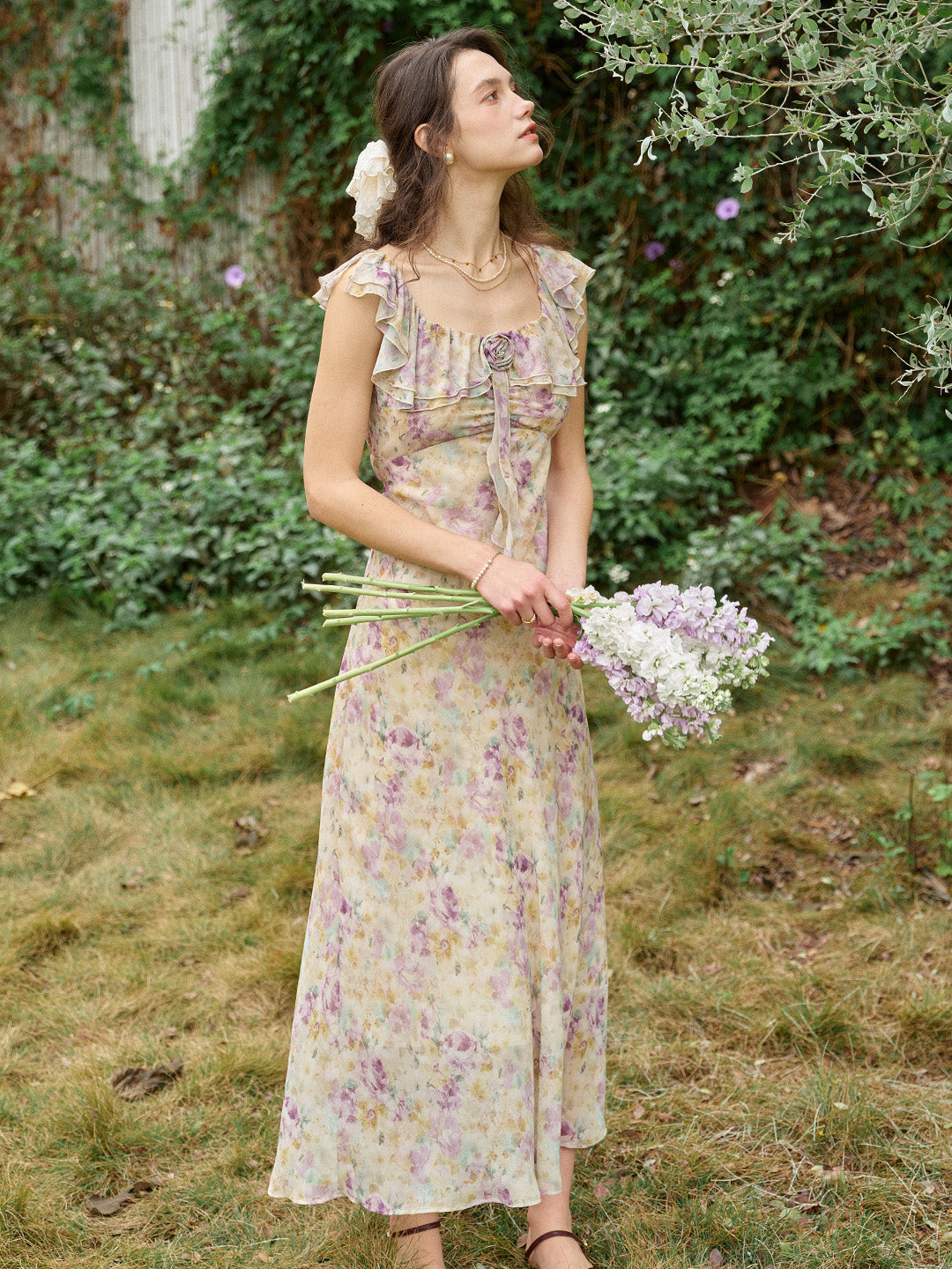 Araya Rosette Ruffle Floral Dress