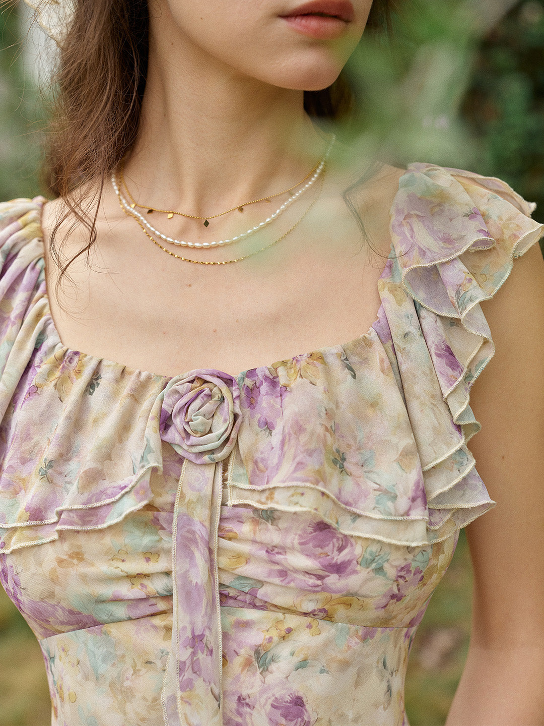 Araya Rosette Ruffle Floral Dress