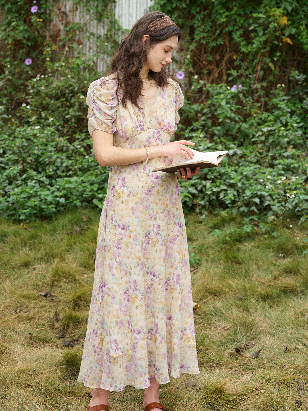 Natasha V-Neck Floral Ruched Sleeve Dress