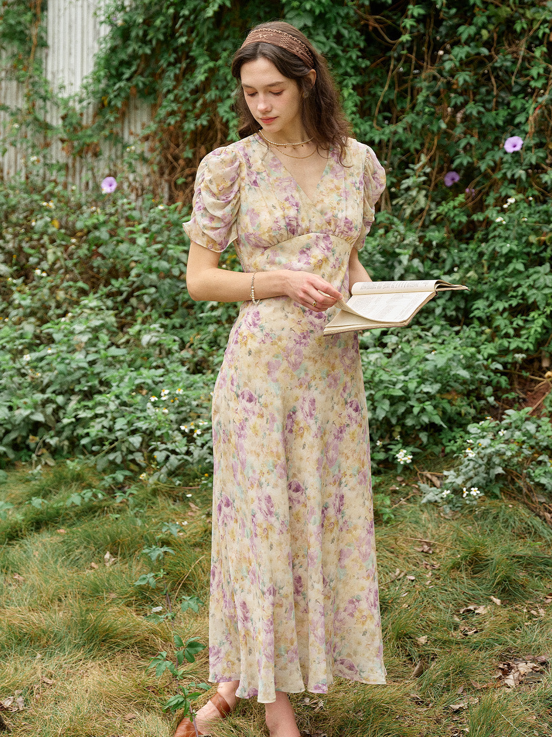 Natasha V-Neck Floral Ruched Sleeve Dress