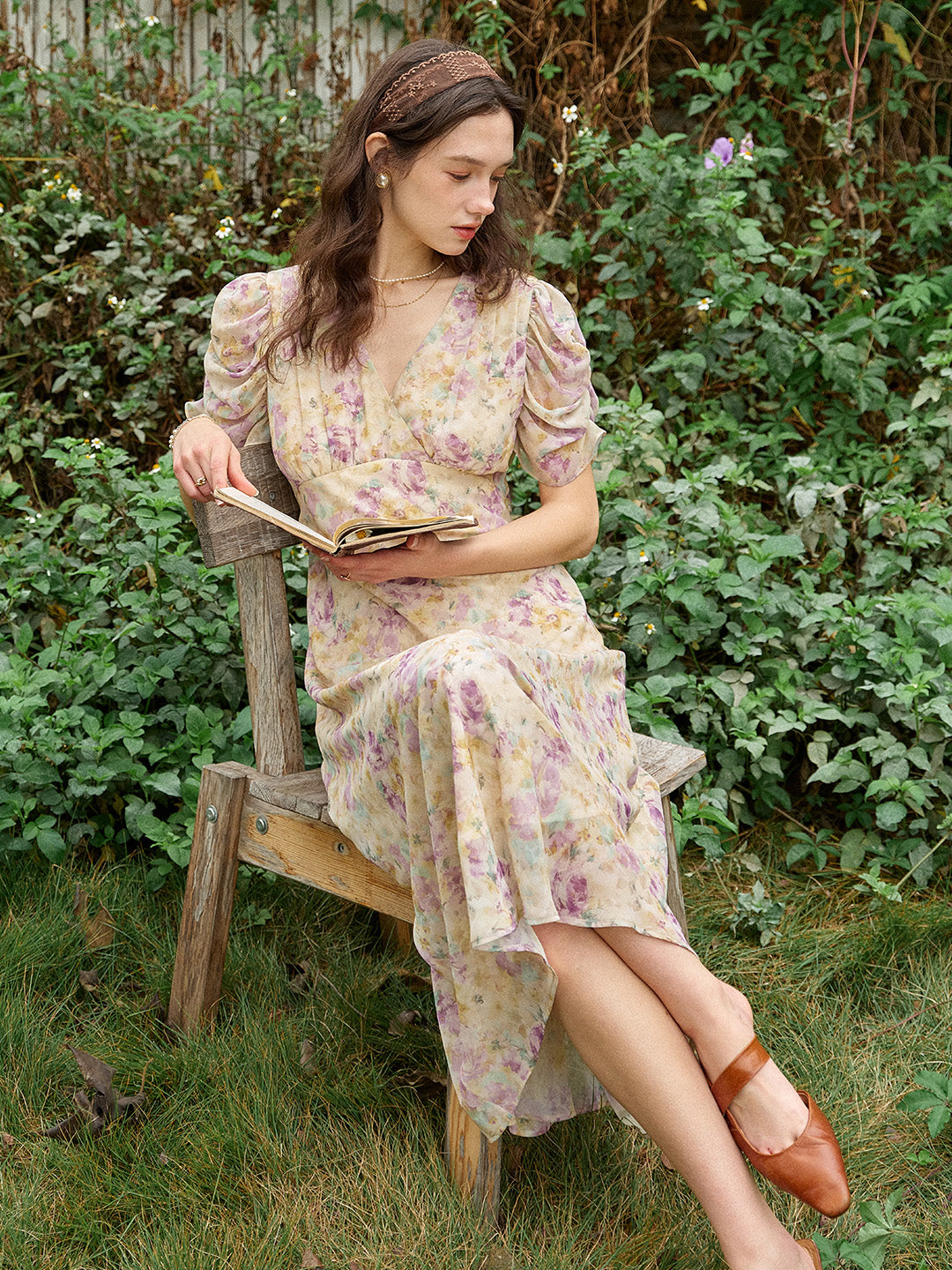 Natasha V-Neck Floral Ruched Sleeve Dress